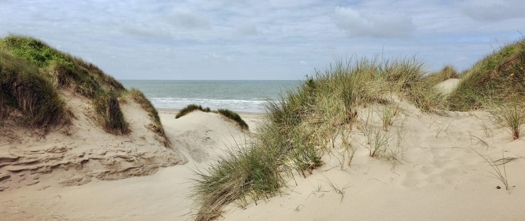 Sea views across the dunes, Harlech Beach in North Wales