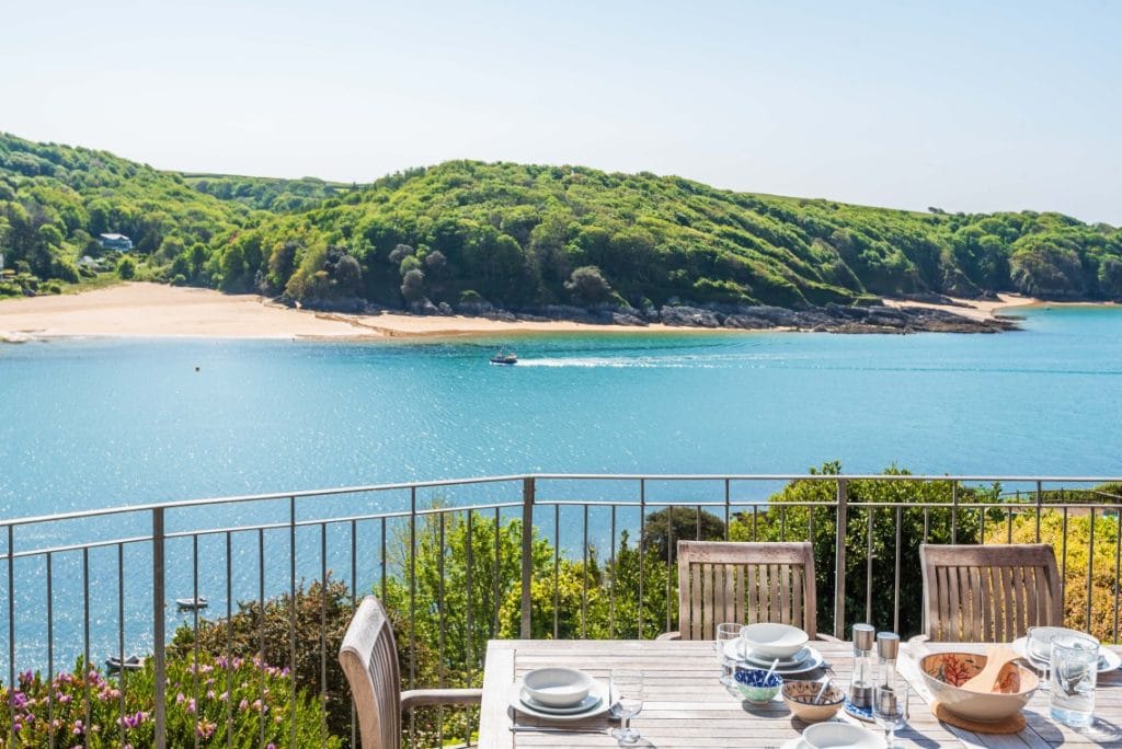 Looking over the estuary in Salcombe from the private balcony of a pet friendly retreat.