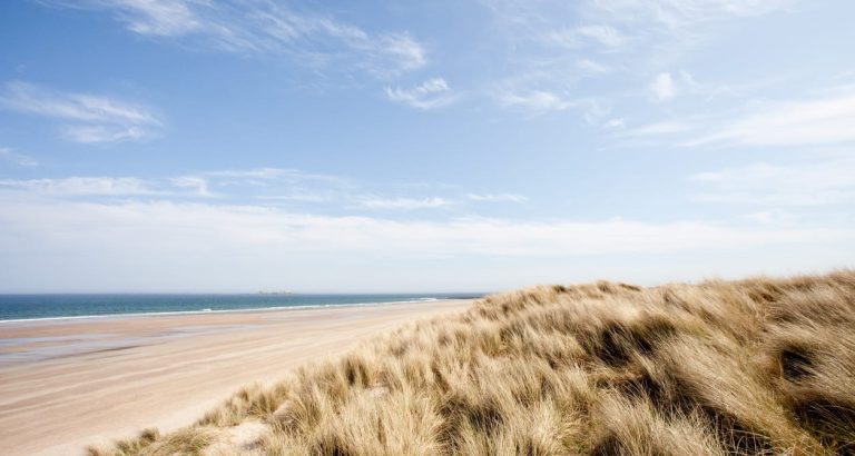 Northumberland beach landscape with waves and rolling dunes at sunrise