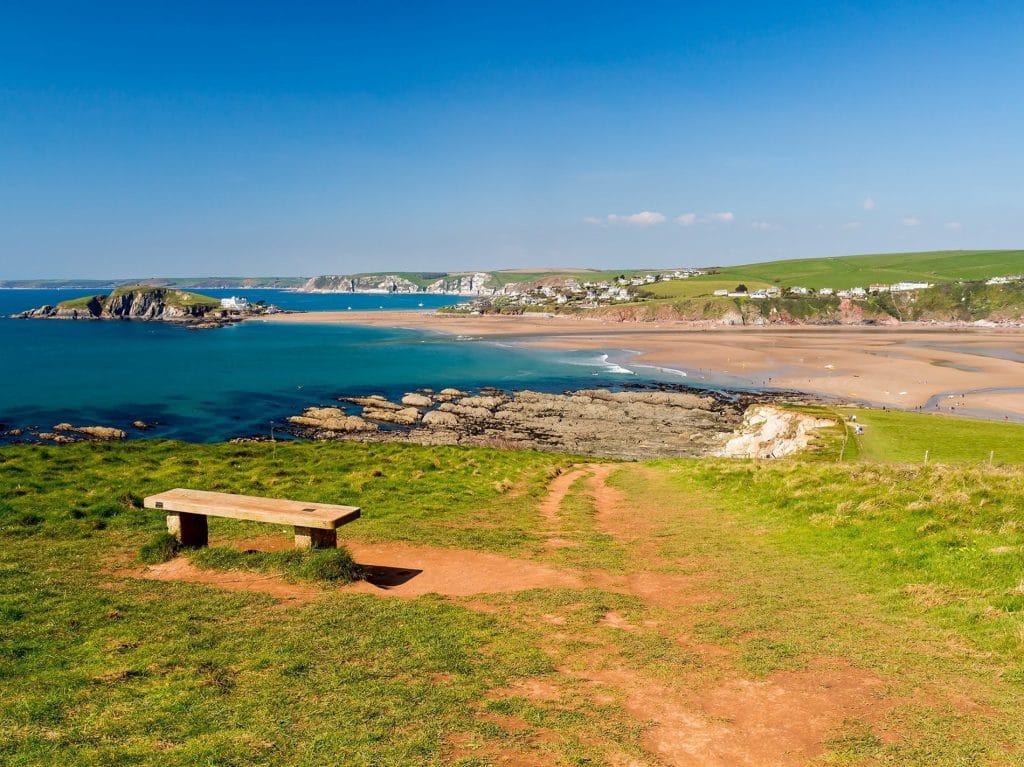 Bench by the coastal path near Bantham and Bigbury in Devon.