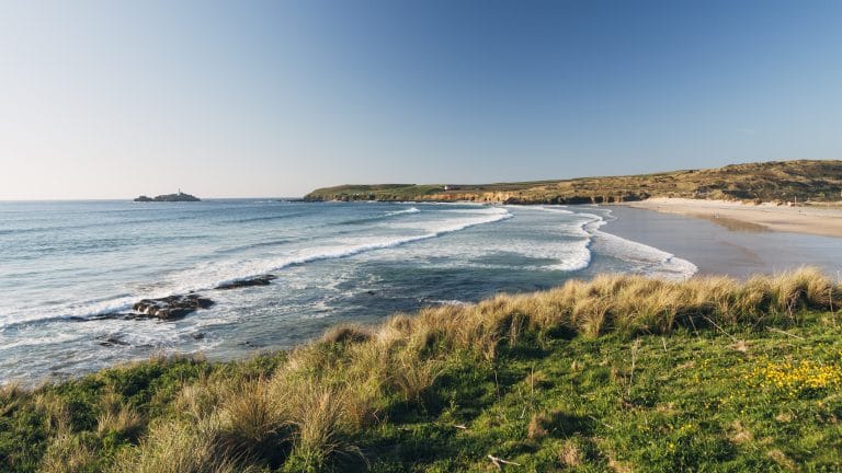 Gwithian and Godrevy beach near St Ives on the coast of Cornwall.