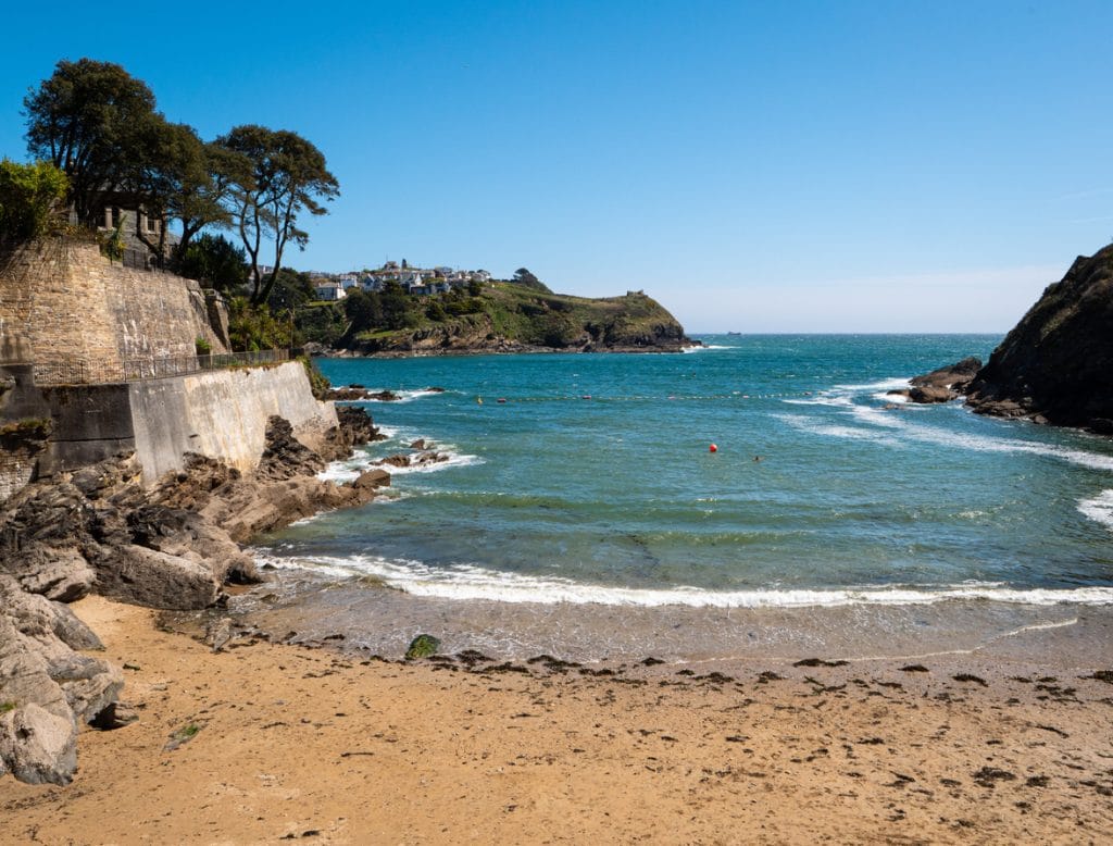 Looking out to sea from the sandy beach of Readymoney Cove at Fowey