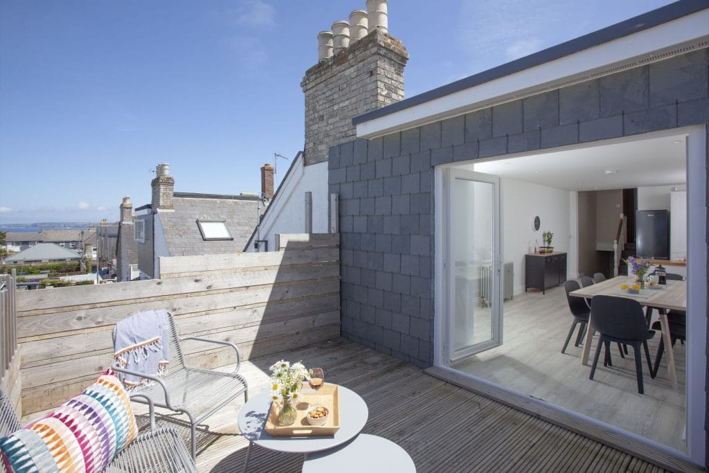 Newquay large group cottage with terrace, sleeps 8 with sea views.