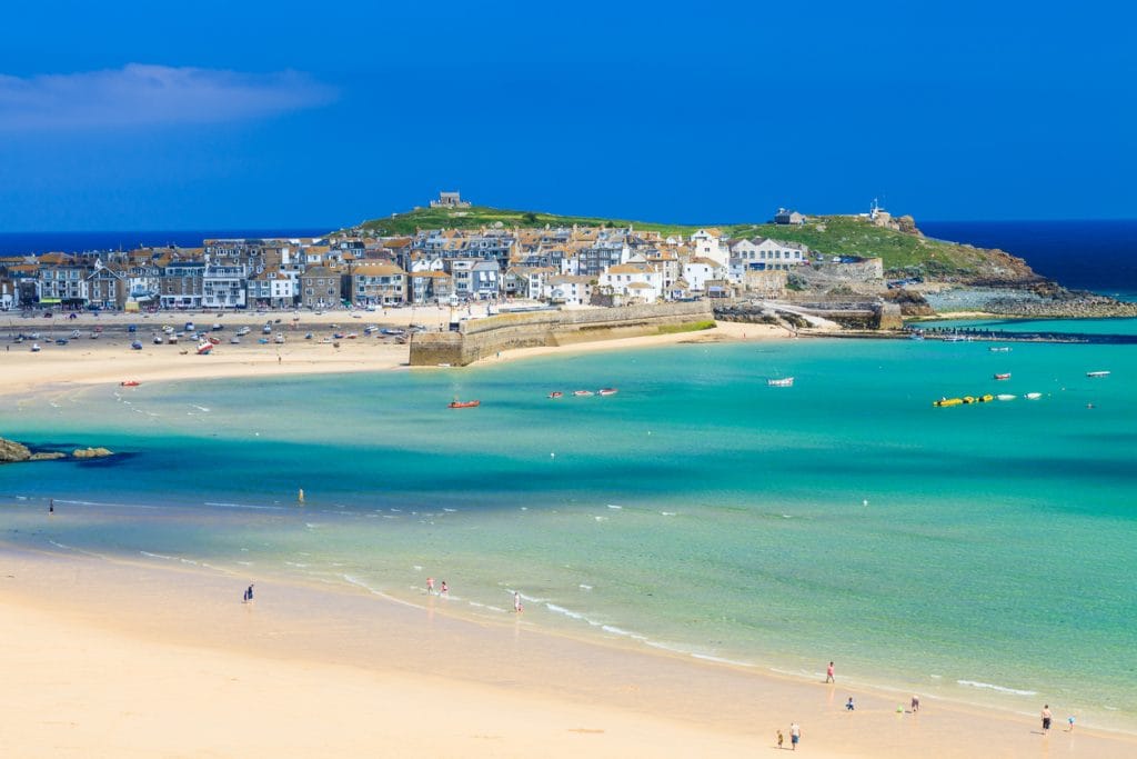 Porthminster Beach St Ives – sheltered swimming beach with palm trees.