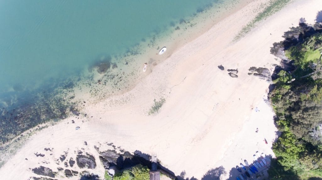 Aerial view of sandy dog friendly beach in Salcombe