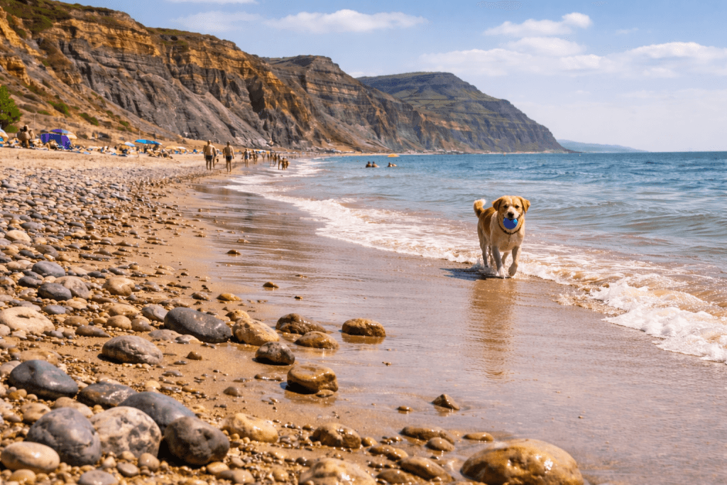 Dog walking along the shore of Charmouth Beach in Dorset