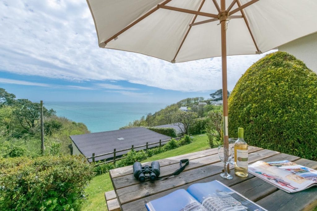 Sea views from under an outdoor umbrella in Dartmouth, South Devon