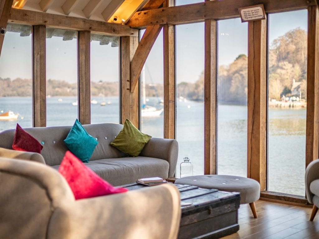 Sea views from the living area of a luxury cottage in Dittisham