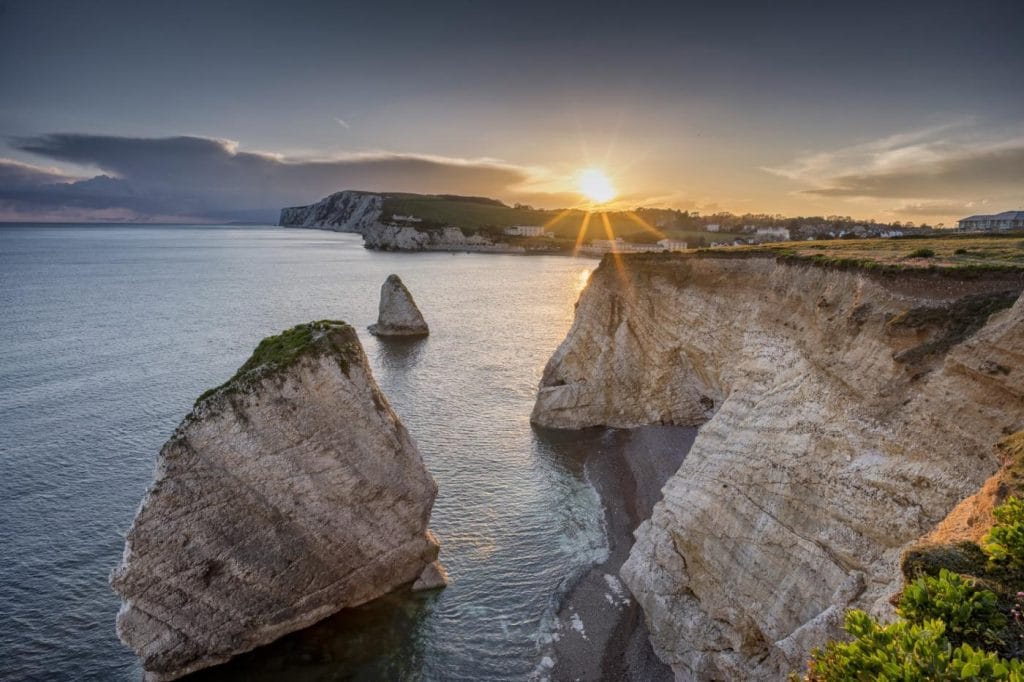Isle of Wight coastline at sunset.
