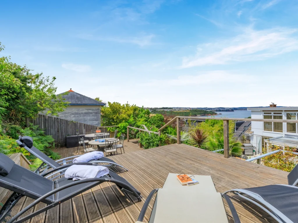 Distant sea views from an outdoor deck in Paignton