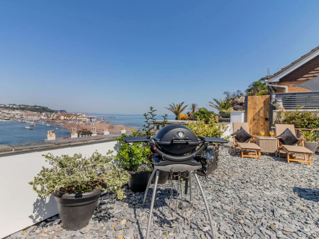 Pretty Shaldon cottage garden with distant sea views
