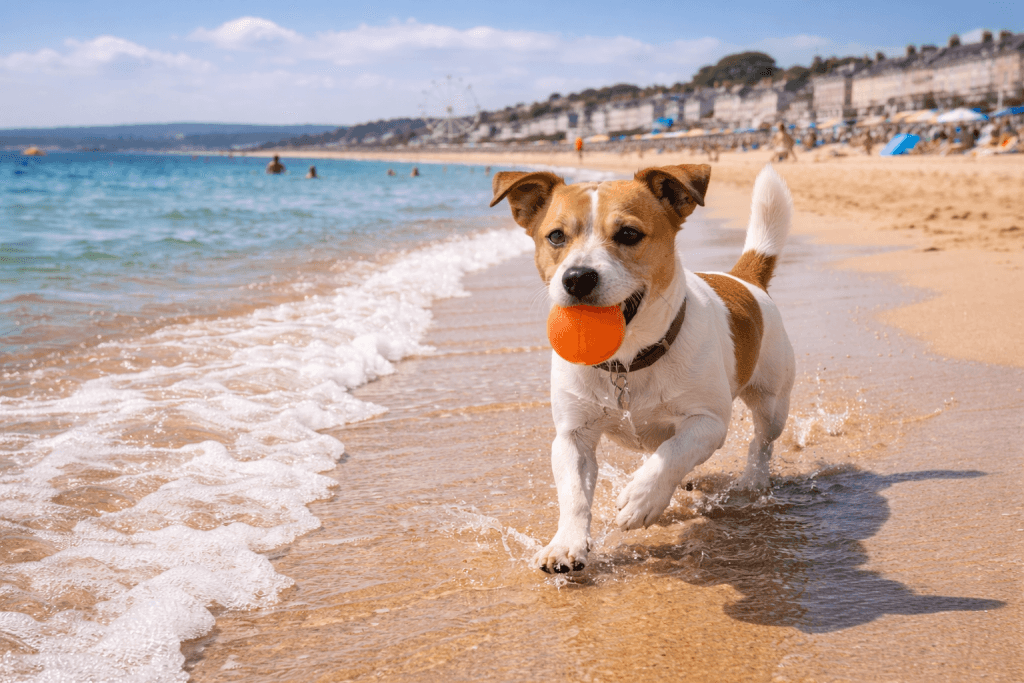 Small dog playing with a ball on Weymouth Beach