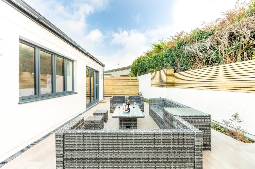 Large holiday cottage outdoor area with furniture in St Ives