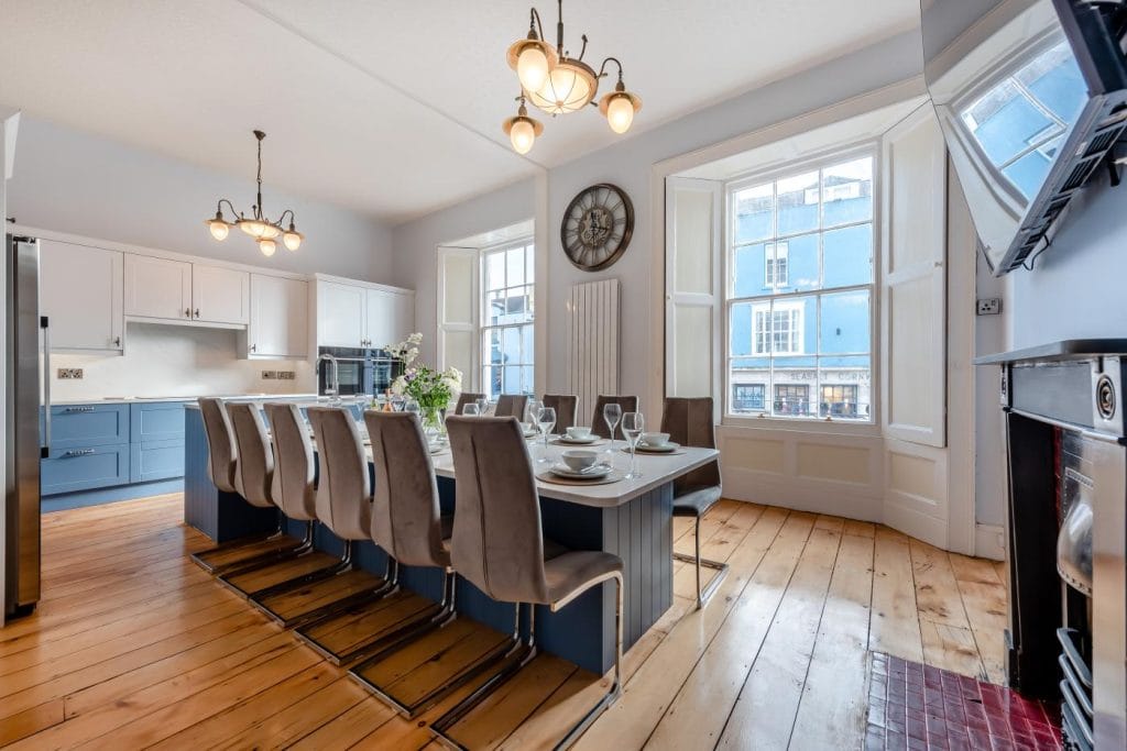 Stylish dining room of a large Tenby holiday home in Wales