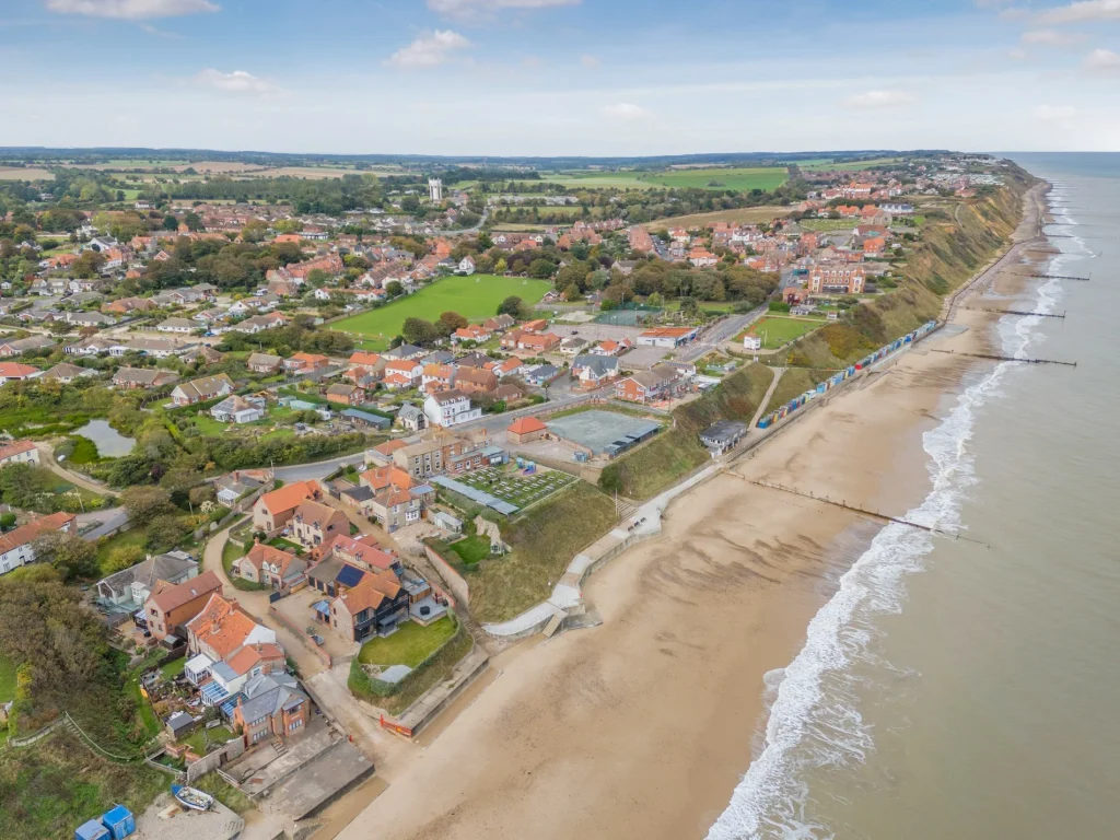 Aerial view of Mundesley dog friendly beach on the Norfolk coast