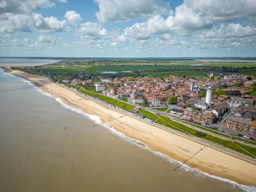 Aerial view of Southwold village and beach