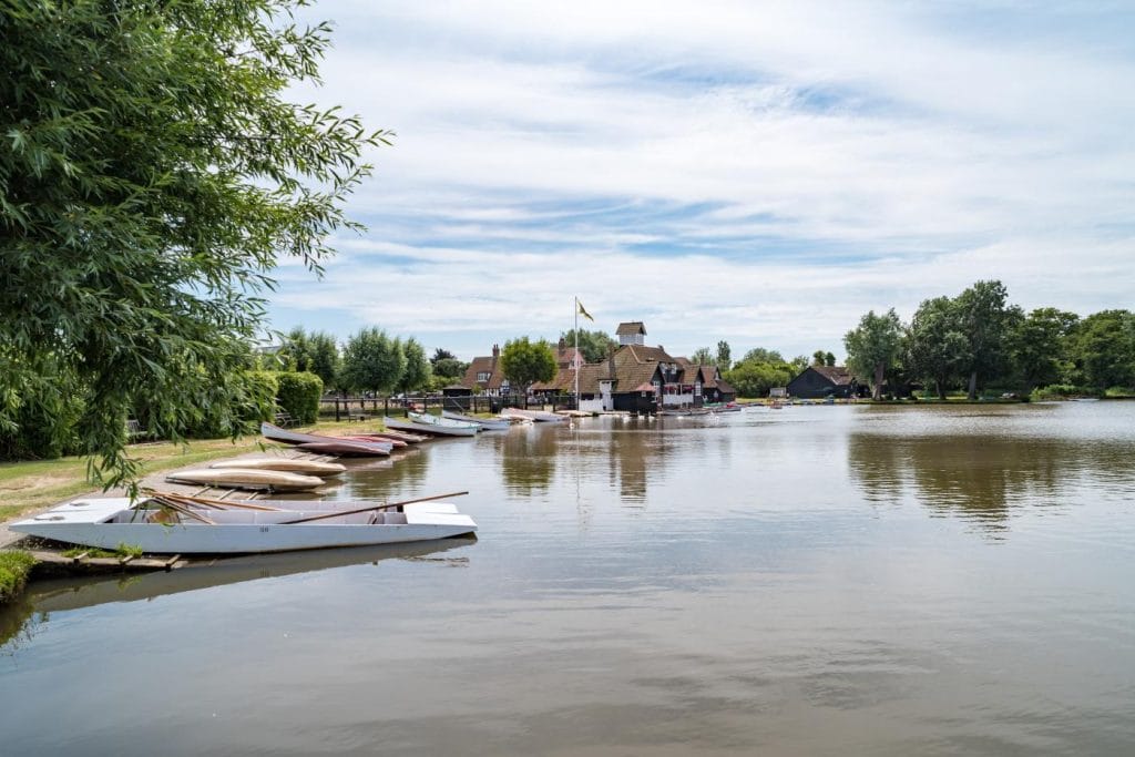 Boats lined up on the lake at Thorpeness