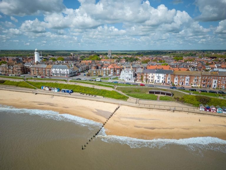 Aerial view of Southwold beach and town in Suffolk