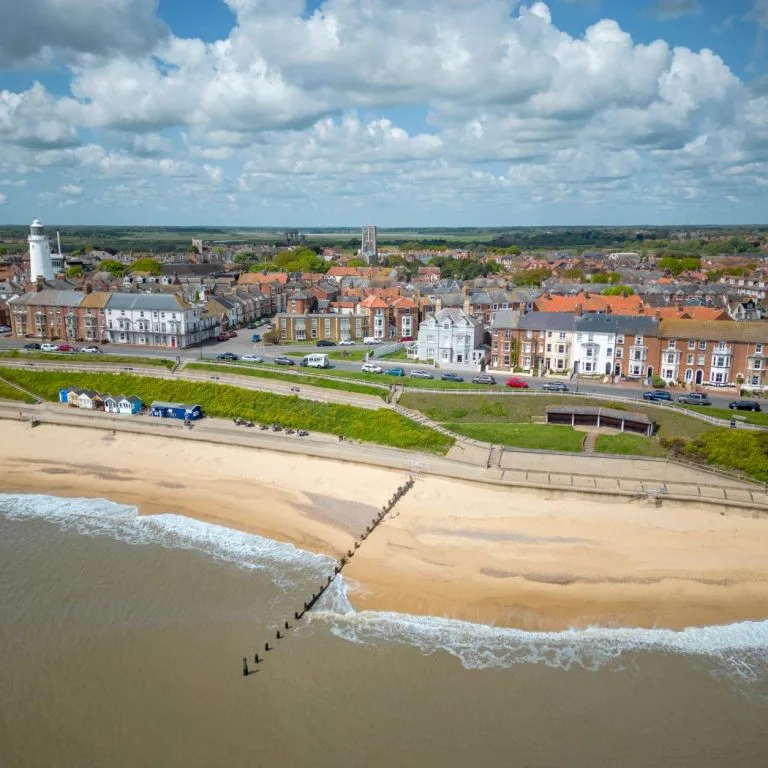 Aerial view of Southwold beach and town in Suffolk