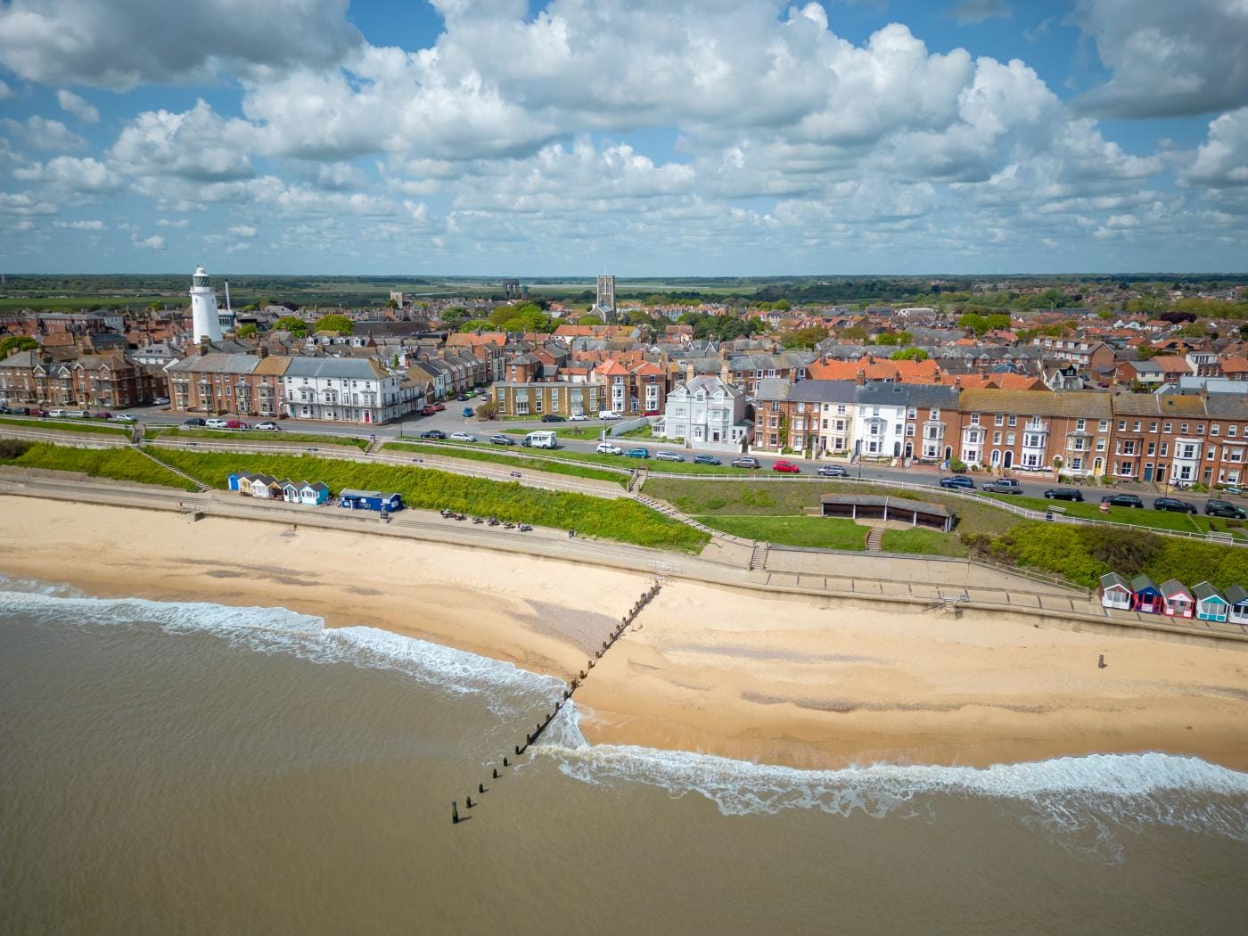 Aerial view of Southwold beach and town in Suffolk