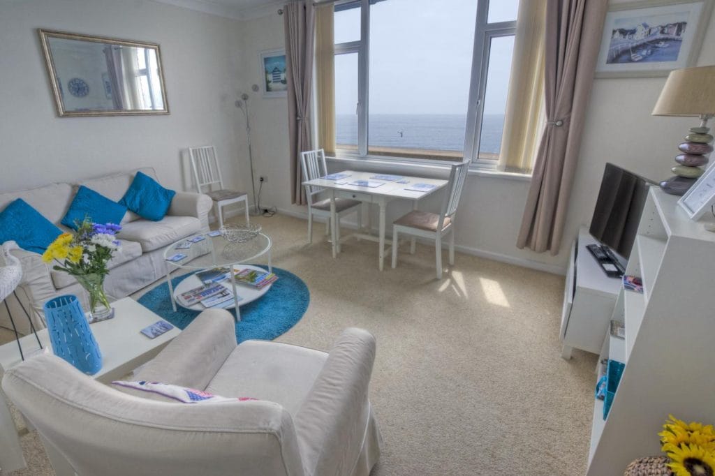 Sea views from the living room of Seaton couples cottage