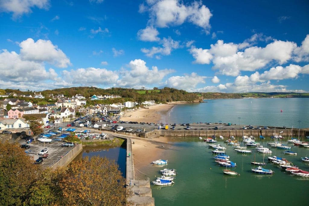 Aerial view of Saundersfoot harbour in West Wales