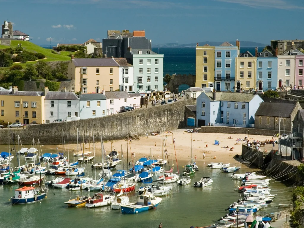 Numerous boats moored in Tenby harbour, Pembrokeshre