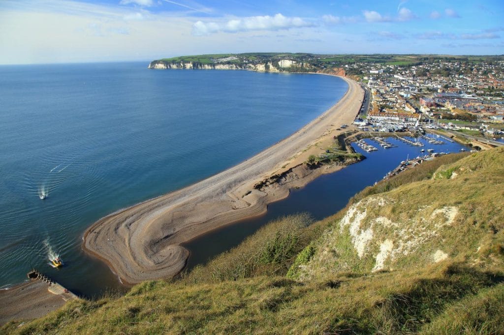 Aerial view of Seaton Beach in Devon