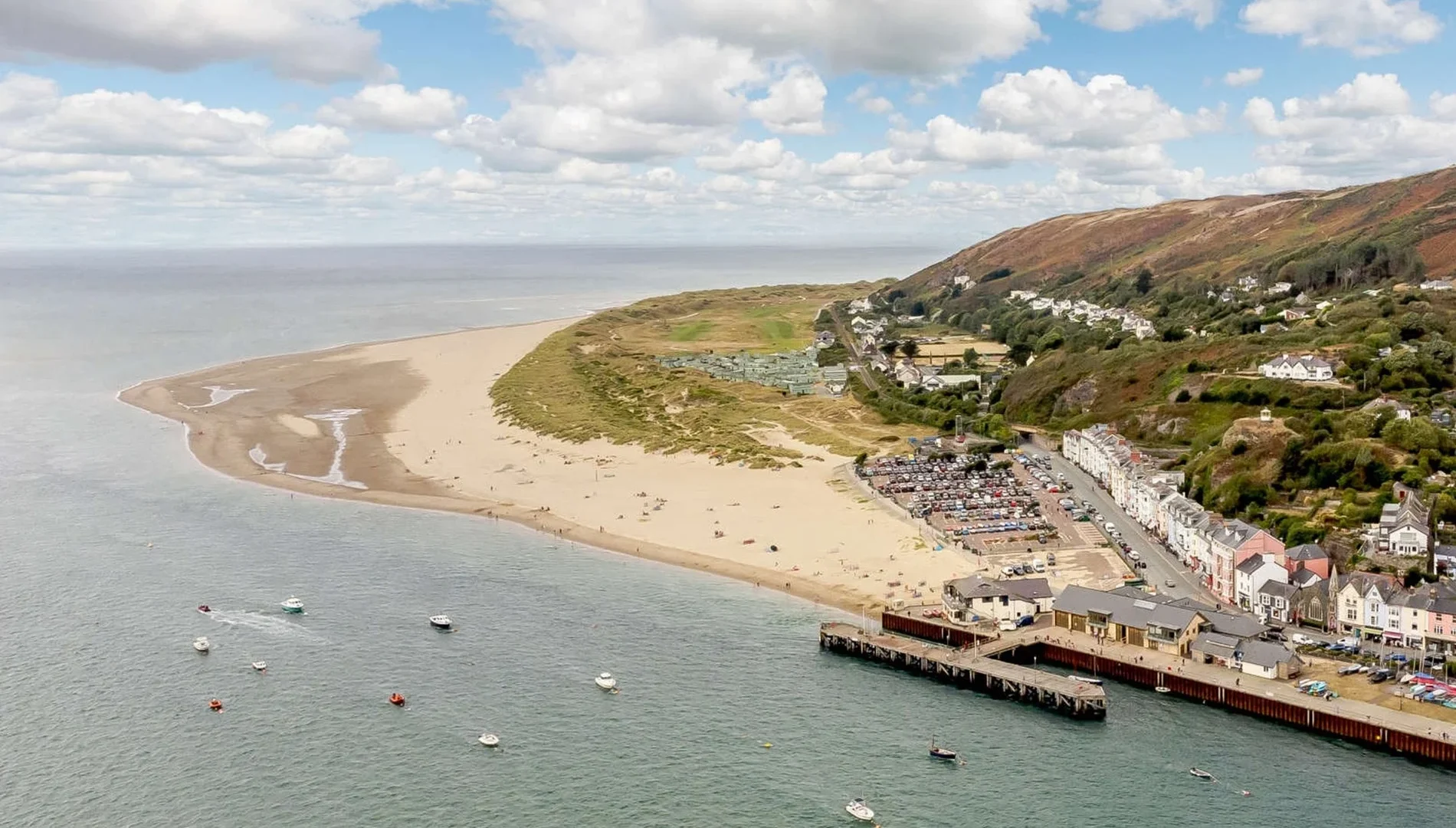 Aerial view of Aberdovey beach and harbour