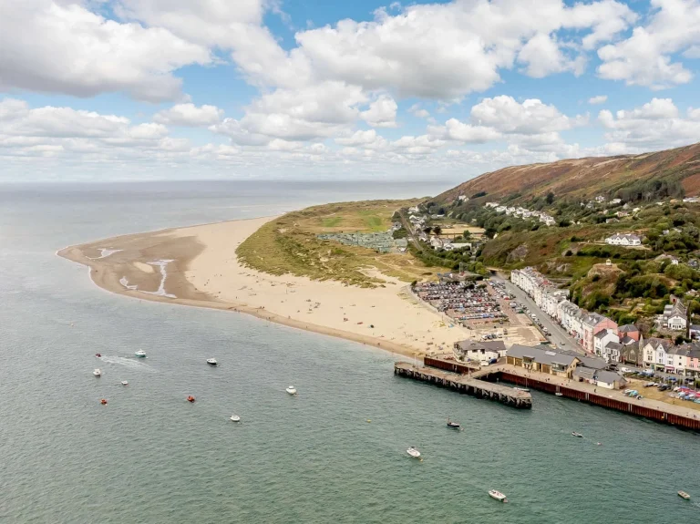 Aerial view of Aberdovey beach and harbour