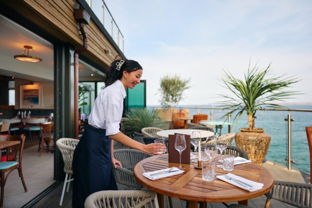 Pedn Olva restaurant overlooking Porthminster beach in St Ives, Cornwall