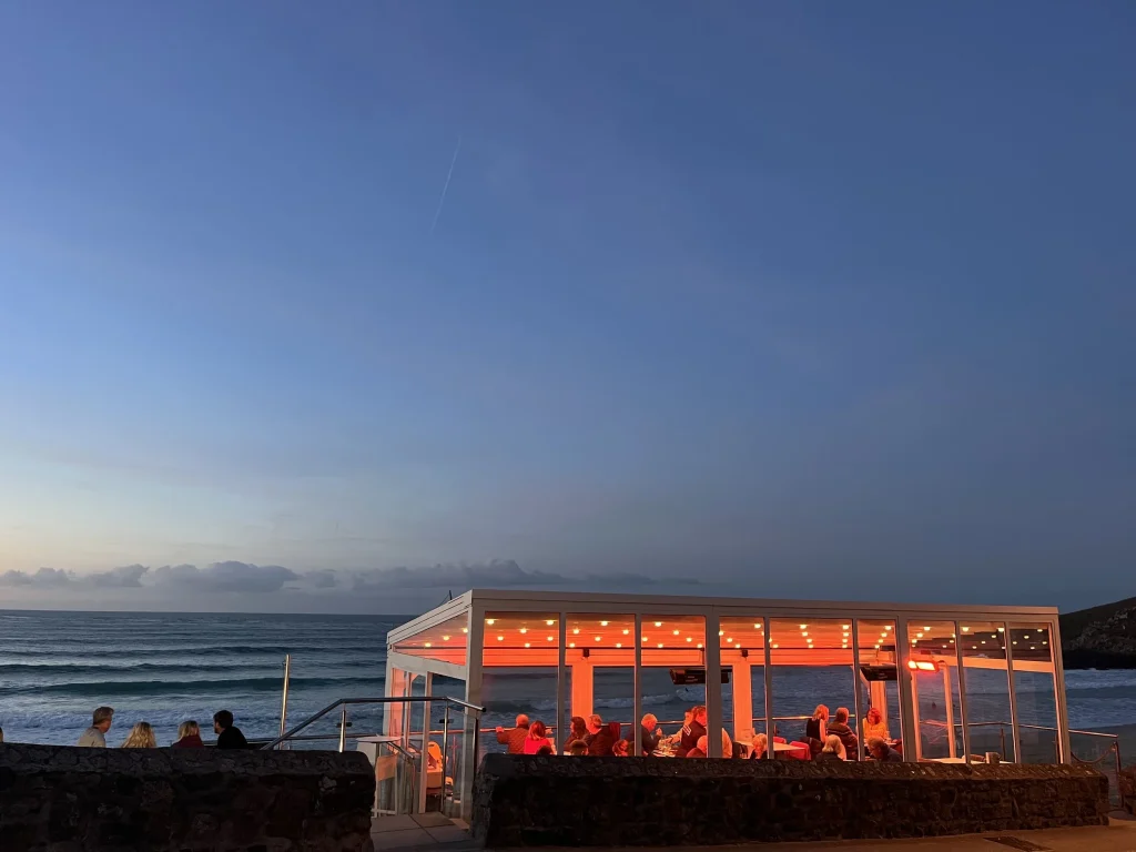Porthmeor Beach Cafe at sunset in St Ives, Cornwall