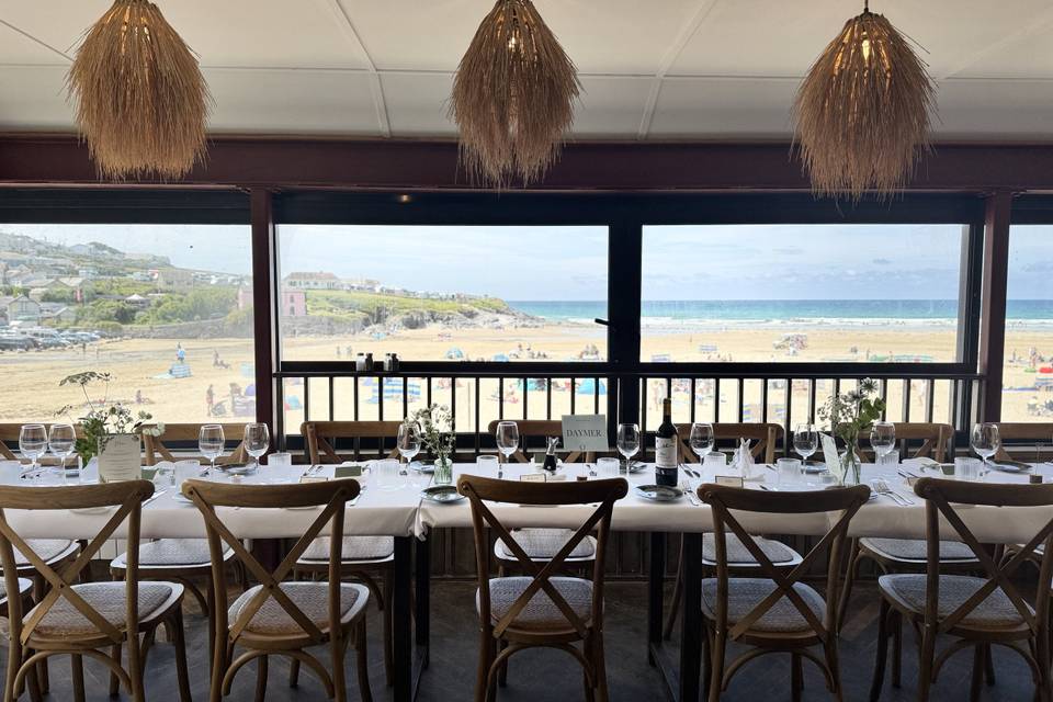 Views from Surfside restaurant overlooking Polzeath Beach