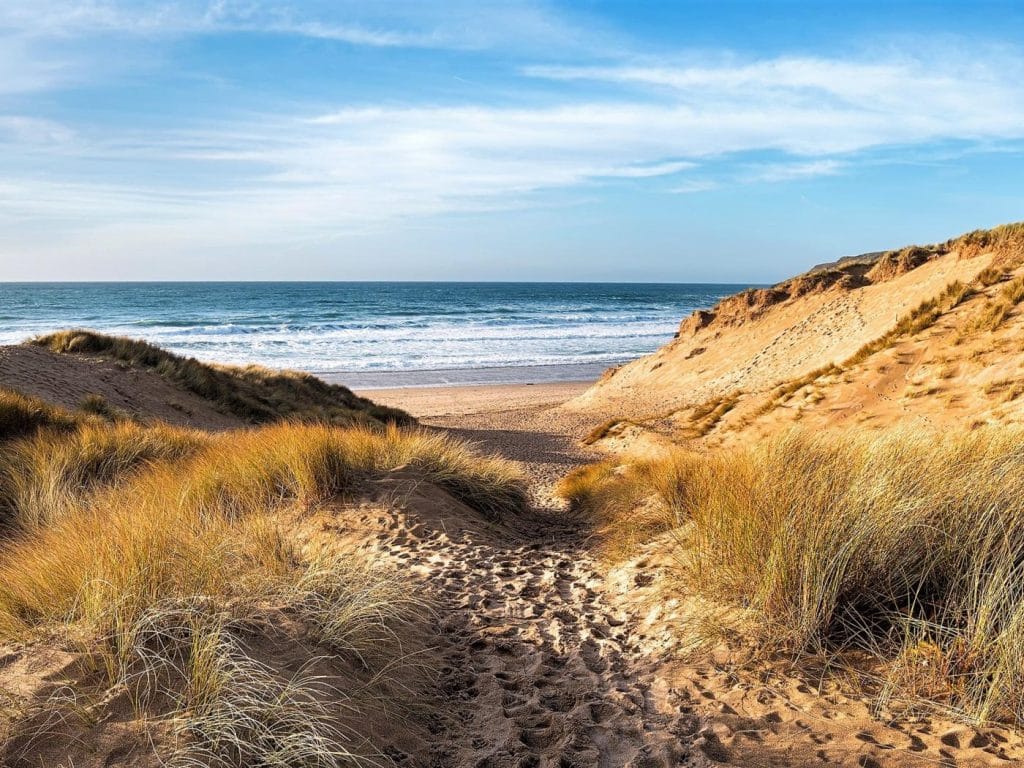 View from the dunes overlooking Camber Sands beach in Sussex