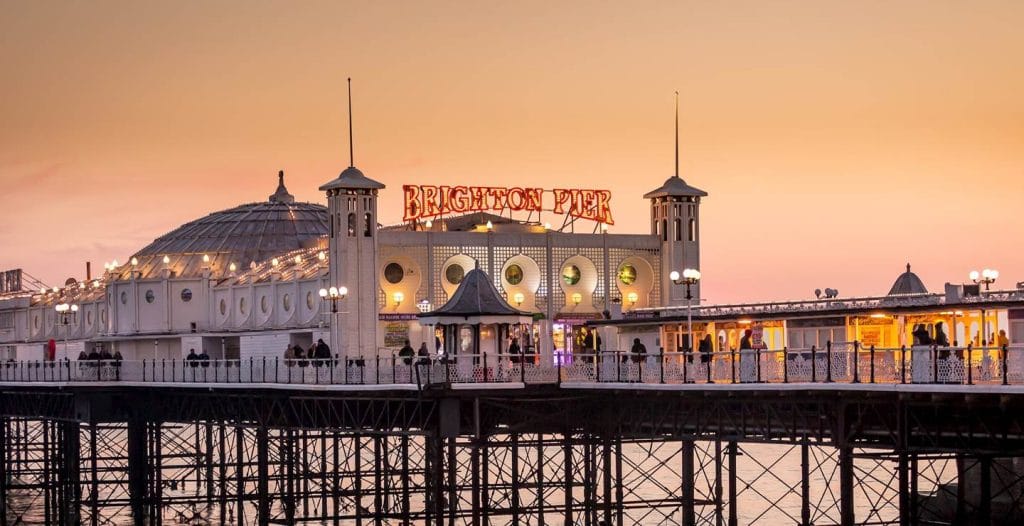 The famous Brighton Pier at sunset