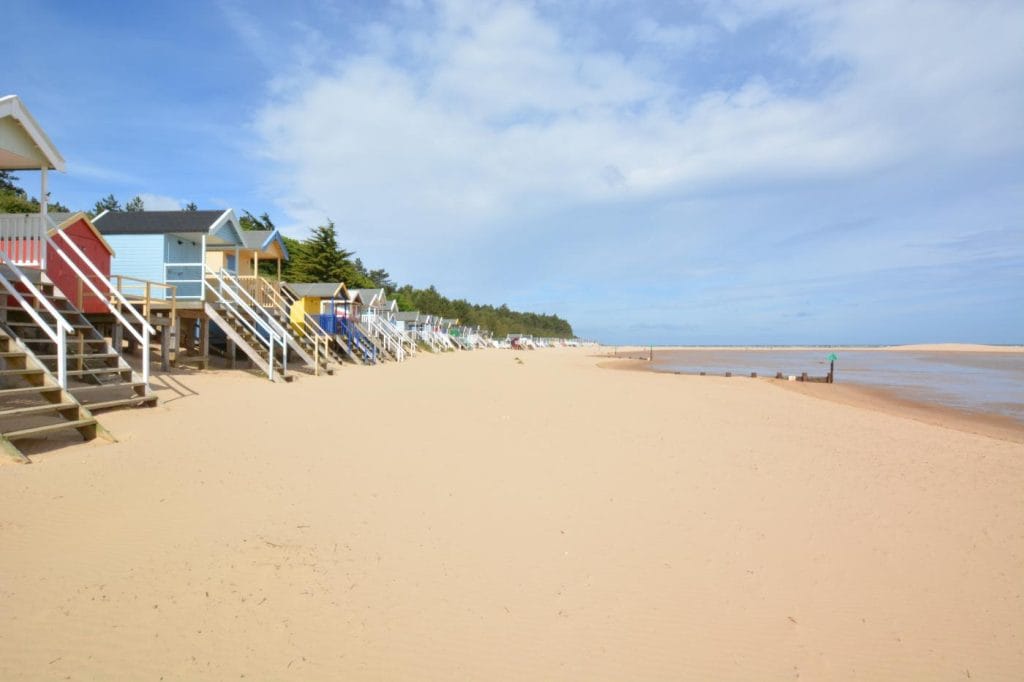 Wells-next-the Sea beach with colourful huts lining the shore