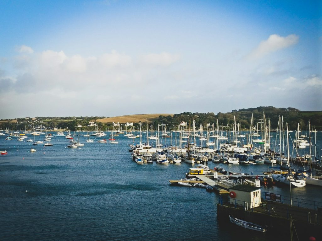 Boats moored in the harbour at Falmouth, South East Cornwall.