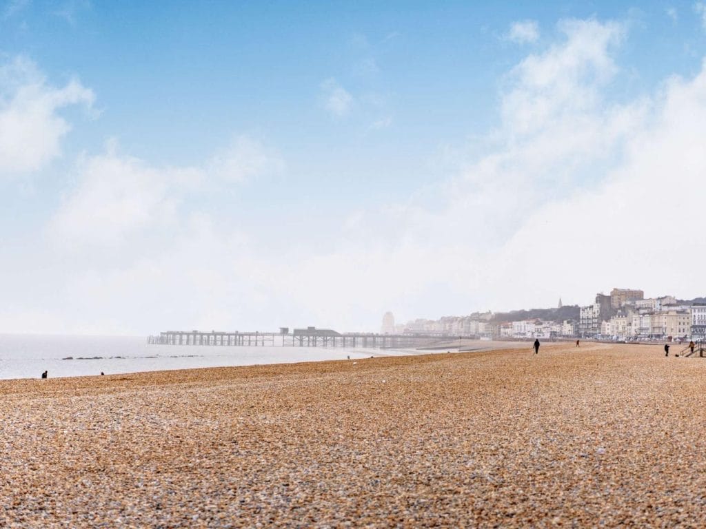 Shingle beach at Hastings with the pier in the distance