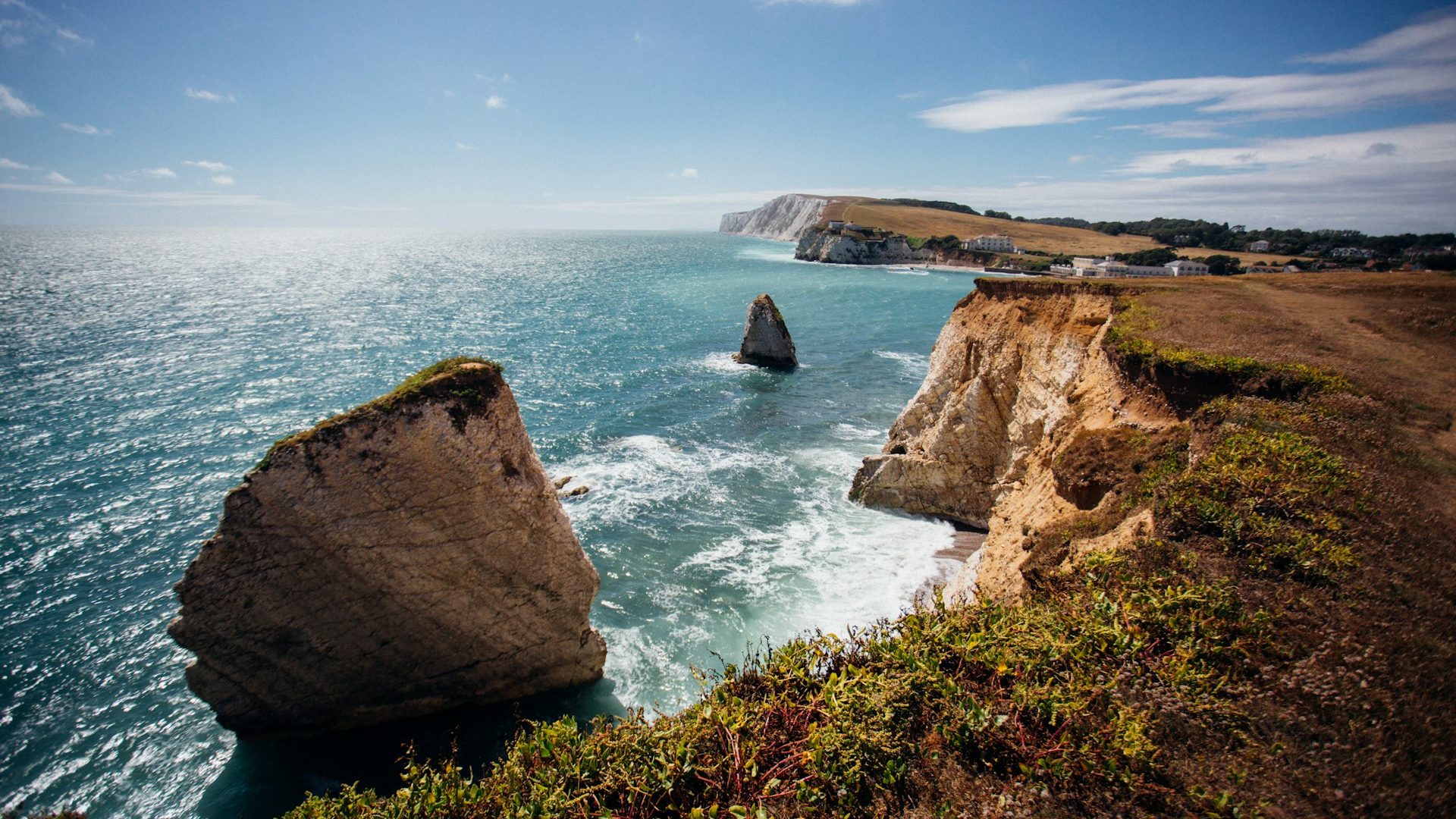 The chalk cliffs at Freshwater Bay on the Isle Of Wight, South East, UK