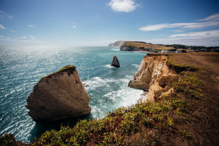 The chalk cliffs at Freshwater Bay on the Isle Of Wight, South East, UK