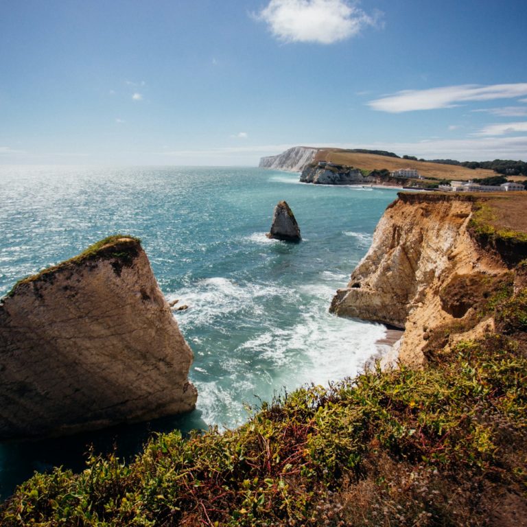 The chalk cliffs at Freshwater Bay on the Isle Of Wight, South East, UK