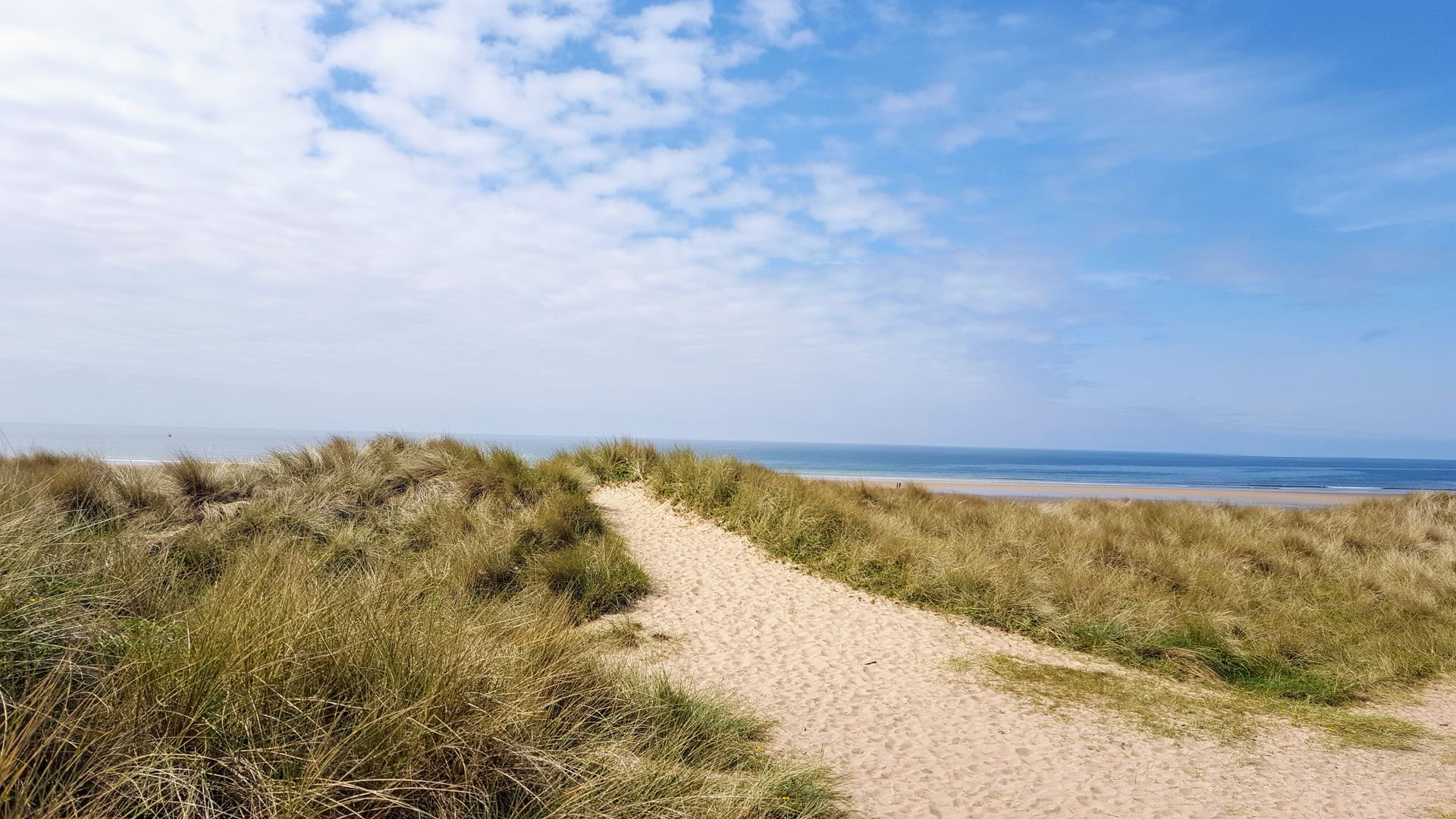 Dreamy view of sand dunes and beach in Angle, Wales on a summer's day.
