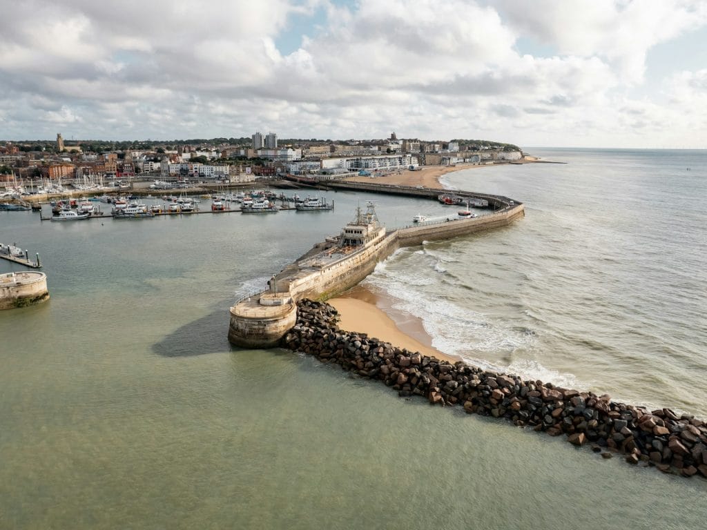 Ramsgate harbour and seafront promenade in Kent, England