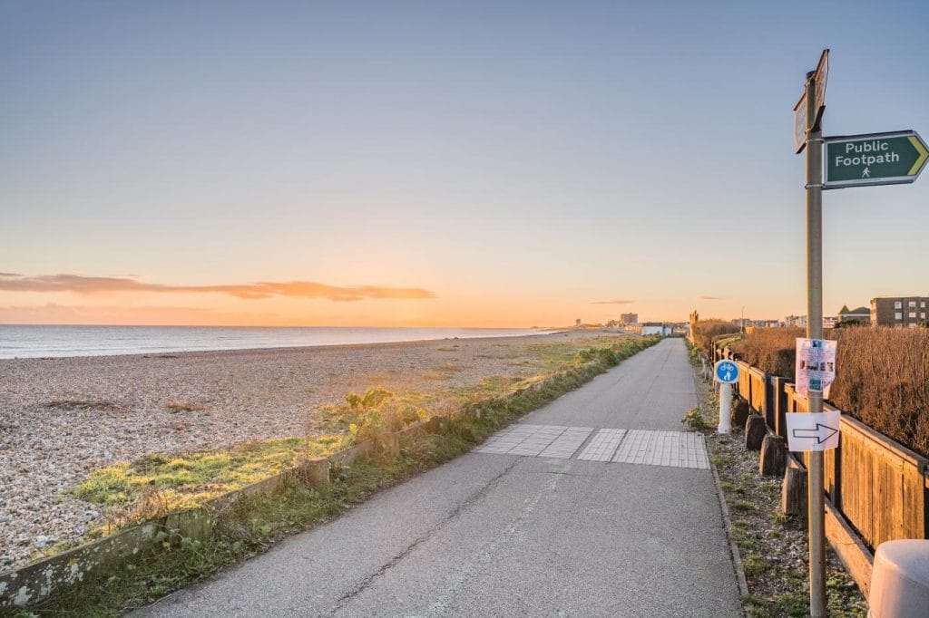 Path along the beach at Shoreham-by-Sea at sunset in West Sussex