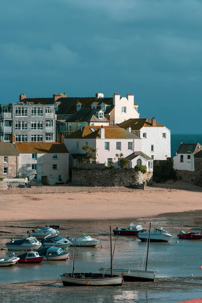 Exposed beach when the tide is out in the harbour in St Ives, Cornwall.