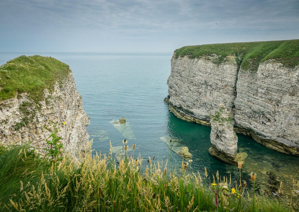 Grassy hills above Flamborough Head chalk cliffs.