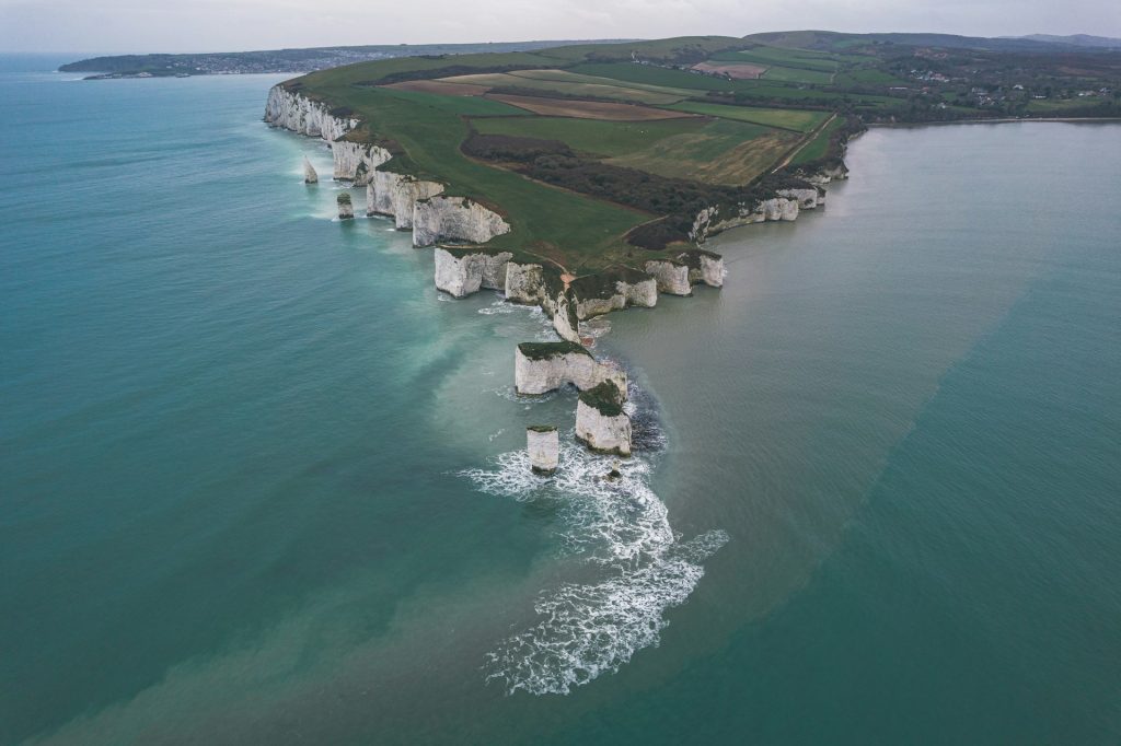 Aerial view of Old Harry Rocks on the Jurassic Coast.