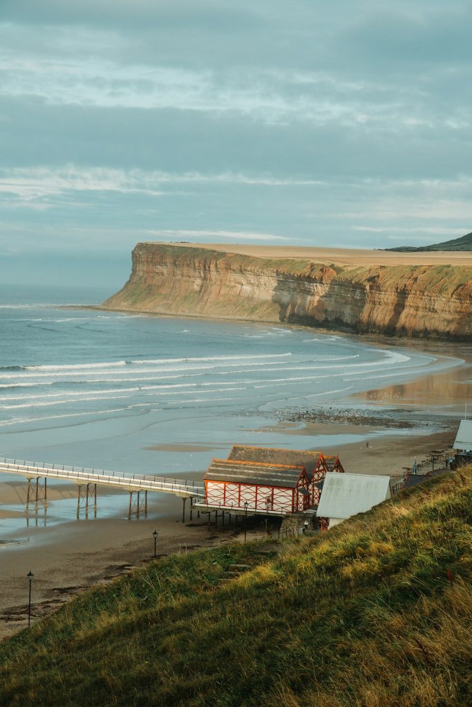 Overlooking Saltburn beach, pier and headland, Yorkshire, UK.