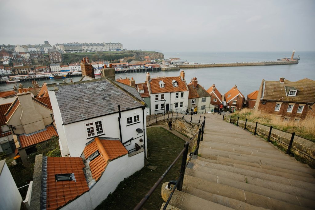 Looking down the 199 steps in Whitby on a cloudy day.