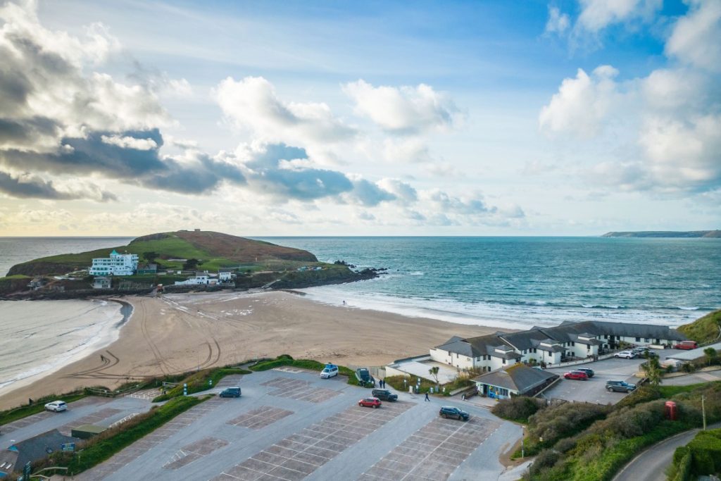 A view of the tidal causeway that joins Burgh Island at Bigbury-on-Sea, Devon.